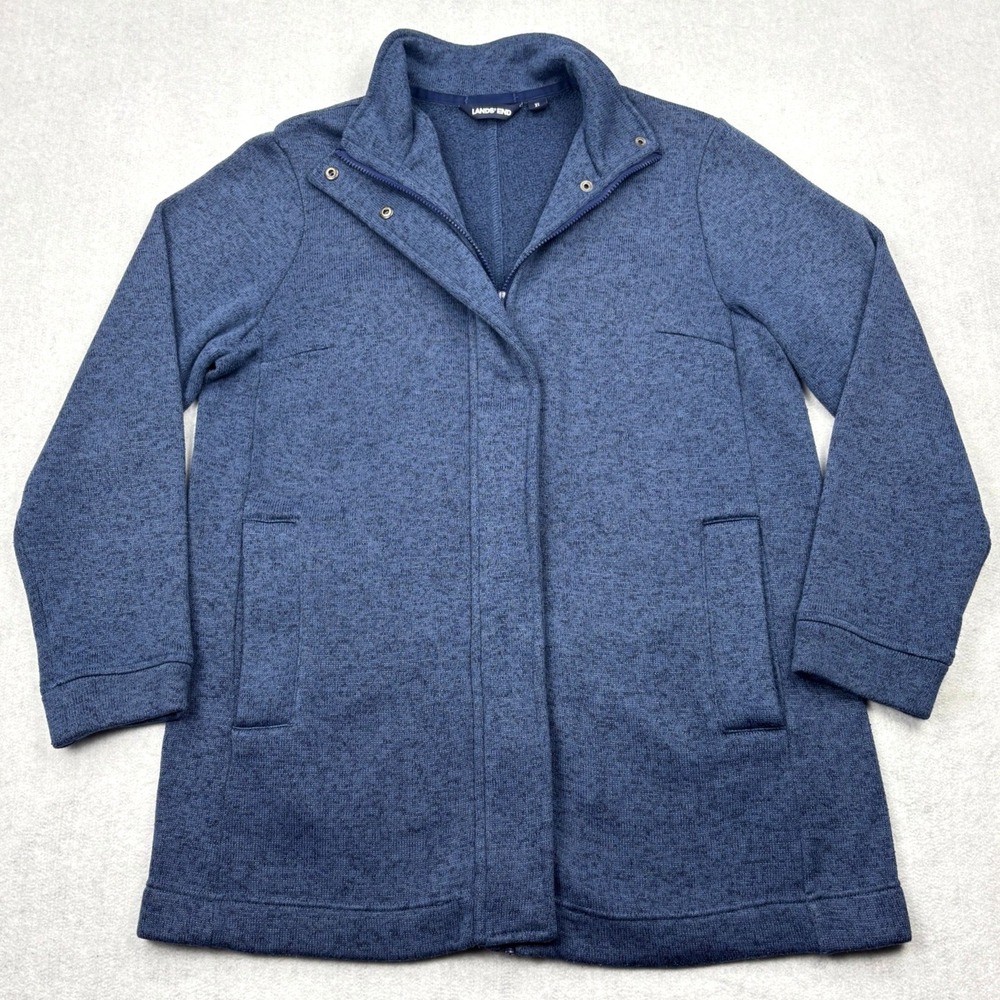 Lands End Jacket Womens XL 18 Blue Sweater Fleece Long Car Coat Full Zip 503615